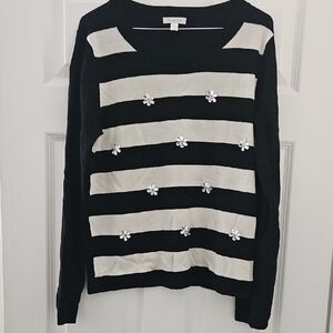 Garnet Hill Black and Cream Striped Crewneck Sweater with Floral Embellishments